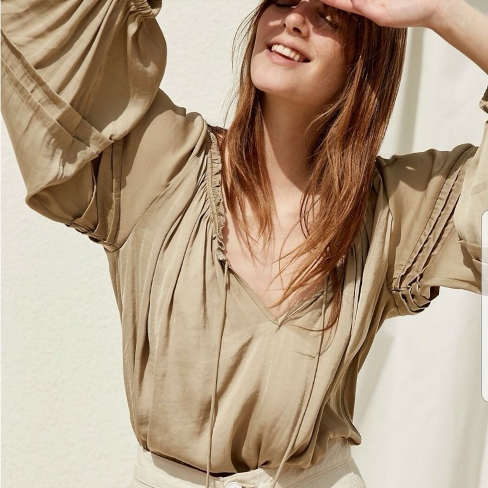 Free People All Tucks Bodysuit in Salt Marsh Olive Green Tan Flowy Oversized XS